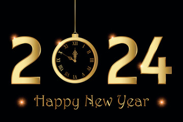 Happy new year 2024 background with gold clock - obrazy, fototapety, plakaty