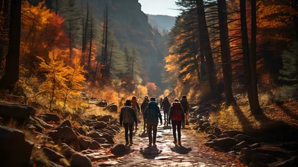 Foto op Canvas Uma imagem pitoresca de uma família ou grupo de amigos fazendo trilha por uma floresta com folhagem vibrante de outono no Dia de Ação de Graças. © Alexandre