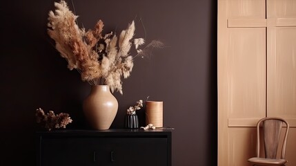 The stylish composition of minimalistic interior with copy space. Black commode, vase with dried flowers, sculpture and personal accessories. Beige wall. Home decor. Template. 