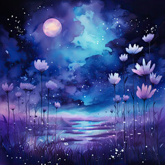 Beautiful purple and blue night scene with meadow background