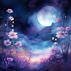 Beautiful purple and blue night scene with meadow background