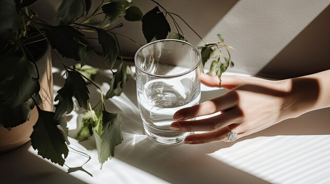 Top view shot of Woman's hands and a glass of clean water on the white table in natural sunlight with plant shadows. Minimalist lifestyle concept 