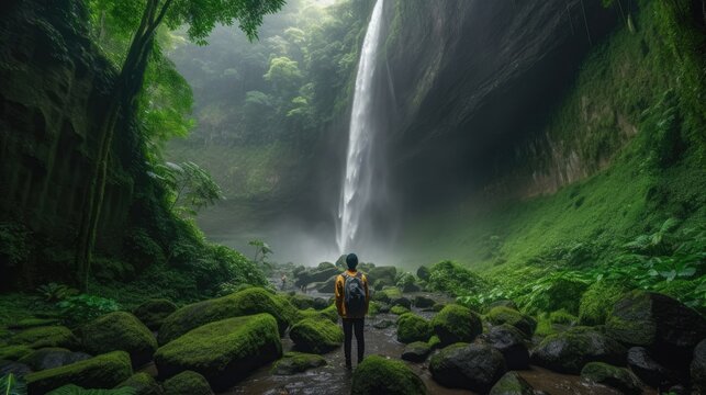 Traveler standing on the rock in the tropical rainforest at Madakaripura Waterfall , east java , indonesia 