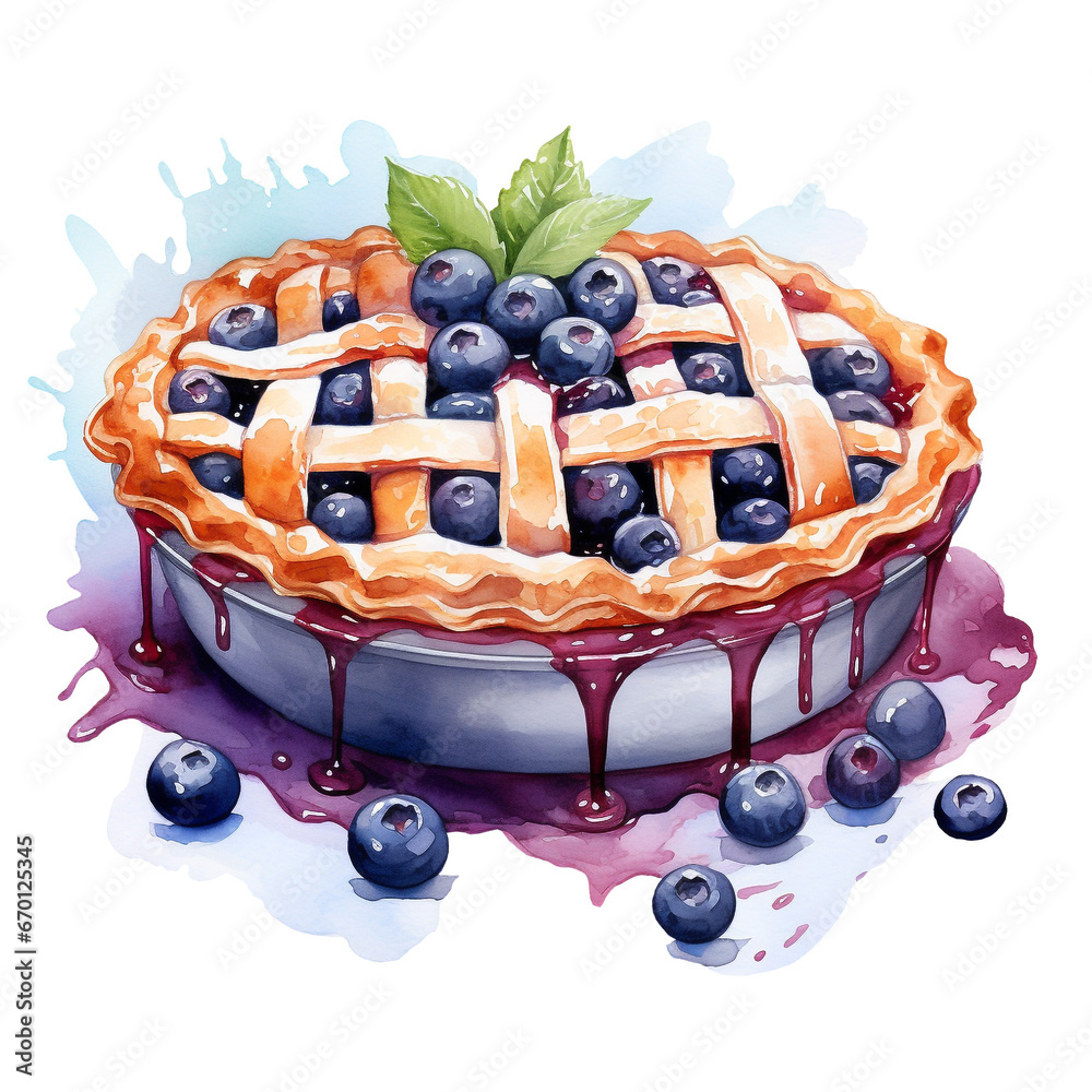 Wall mural fresh baked blueberry whole pie slice png isolated on a transparent background, watercolor clipart illustration