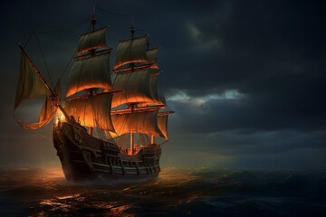 Realistic pirate schooner from the 16th-17th century sailing ship on the evening sea. Generative AI - obrazy, fototapety, plakaty
