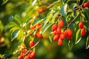 Ripe goji berries on a green bush in a natural garden setting during the colorful autumn season.