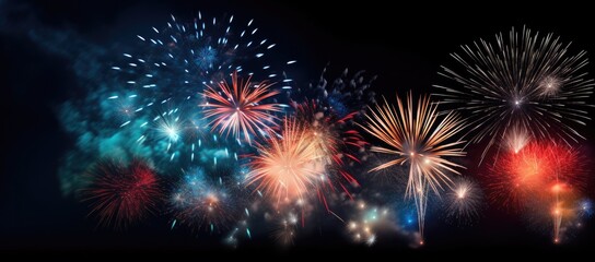 Naklejka premium Multicolored fireworks on a dark background. Banner for the site. Place for text. Wallpaper for holidays. Festive light