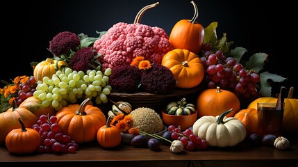 Uma imagem exibindo uma mesa de Ação de Graças lindamente decorada, com destaque para uma cornucópia transbordando de produtos coloridos de outono.  - obrazy, fototapety, plakaty