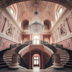 Pink Marble Stone Paradise Royal World Residence Heritage Luxury Interior Grand Palace Palais Baroque & Neoclassical Architecture Stairway Stairwell  Site w Arch Windows Museum Medieval Castle Wedding - obrazy, fototapety, plakaty