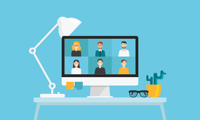 Meeting online. Video conference on monitor screen. Workplace with computer, flower pot, lamp front view. Work from home. Vector illustration on a trendy flat style isolated.