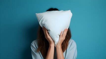photo of woman covering her face with pillow - obrazy, fototapety, plakaty