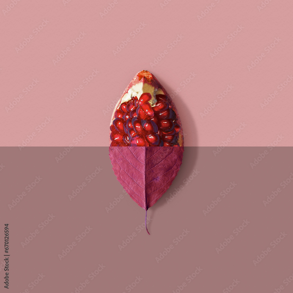 Wall mural creative minimal nature concept with purple leaf and pomegranate slice. summer fruit background. spl