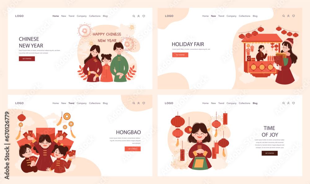 Wall mural Chinese New Year tradition web banner or landing page set. Cheerful asian family leisure on festive day. Characters celebrate with fireworks, lantern and dragon dance. Flat vector illustration