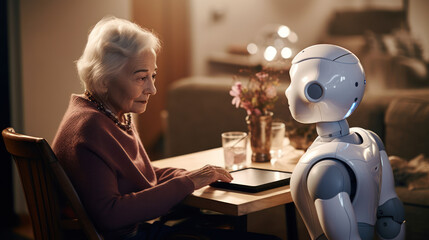 A woman confides his psychological distress to her robotic assistant. Concept of psychological support thanks to AI. - obrazy, fototapety, plakaty