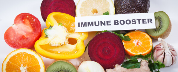 Inscription immune booster and fresh fruits with vegetables. Source natural vitamins and minerals....
