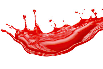 Red Ketchup or tomato sauce splash on the air with little catsup blobs isolated on clear png background, wave swirl of tomato ketchup, sauce liquid flowing wavy form.