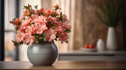 Fototapeta na wymiar Beautiful flowers in a vase on a wooden table for decoration in the living room, colorful flowers | Generative AI