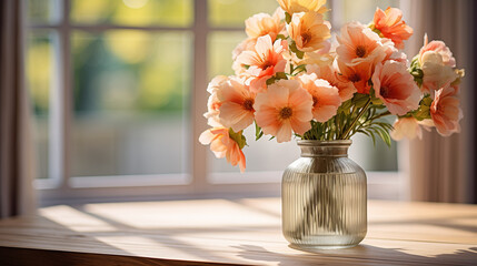 Beautiful flowers in a vase on a wooden table for decoration in the living room, colorful flowers | Generative AI