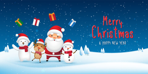 Merry Christmas and happy new year. Greeting card with cartoon characters on a snow, Santa Claus, reindeer, snowman and polar bear. Vector eps10.