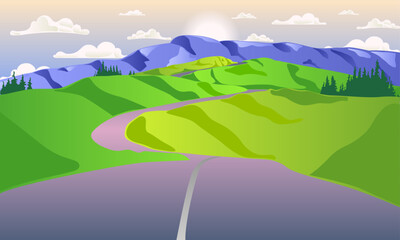 landscape of green mountains with cloudy sky at sunset, gradient vector illustration