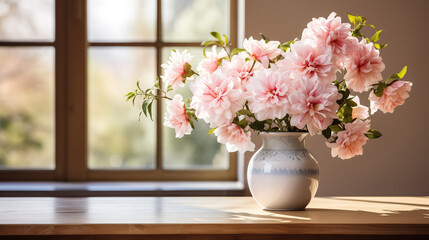 Beautiful flowers in a vase on a wooden table for decoration in the living room, colorful flowers |...