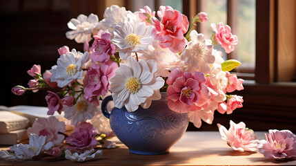 Beautiful flowers in a vase on a wooden table for decoration in the living room, colorful flowers | Generative AI