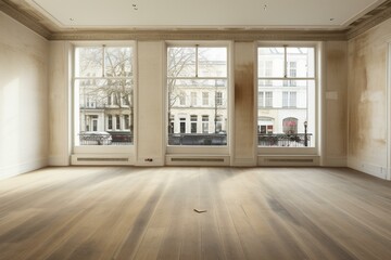 Vacant space with laminate flooring and French windows. Generative AI - obrazy, fototapety, plakaty
