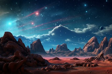 Colorful rocky landscape with starry sky and galactic nebula. Generative AI - obrazy, fototapety, plakaty