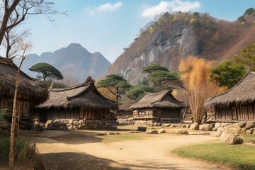 Korean village, thatched roofs, mountain backdrop. Generative AI - obrazy, fototapety, plakaty