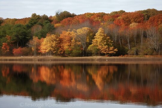 Vibrant foliage surrounding a serene lake in a fall setting. Generative AI