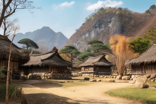 Korean Village, Thatched Roofs, Mountain Backdrop. Generative AI