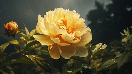 A golden peony set against a dramatic, high-detailed 8K thunderstorm, with lightning illuminating the flower in a breathtaking and intense moment.