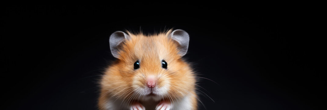 Cute hamster on black background, wide horizontal panoramic banner with copy space, or web site header with empty area for text.