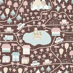 
Seamless pattern, children's map with houses, cars, trees, cacti, flowers, roads on a brown background. Digital illustration. Suitable for interior, wallpaper, fabrics, clothing, stationery.
