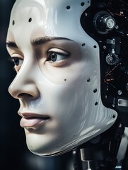 Female robot face closeup on white blurred digital background. Artificial intelligence in virtual reality. Robot head conceptual design closeup portrait.