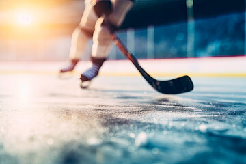 Close up of ice hockey stick on ice rink in position to hit hockey puck - obrazy, fototapety, plakaty