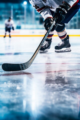 Close up of ice hockey stick on ice rink in position to hit hockey puck - obrazy, fototapety, plakaty