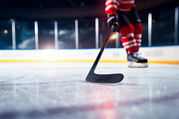 Close up of ice hockey stick on ice rink in position to hit hockey puck