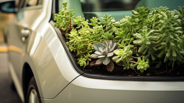 Plant sprouting from car. Nature resilience and recovery from CO2 pollution, as green plants take over vehicles and pollutant. Air quality awareness and care. Reduce greenhouse footprint.