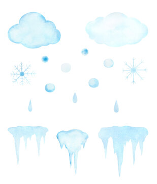 A set of winter elements for design, celebration and decoration hand-drawn, isolated on a white background. Watercolor, light blue snow clouds, snowflakes, snowballs, icicles and droplets of meltwater