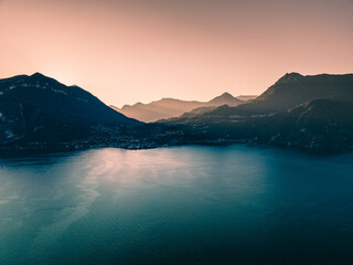 Aerial of Sunset in Lake Como Italy