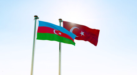 Azerbaijan and Turkey flags waving together on blue sky. 4K ULTRA HD. 