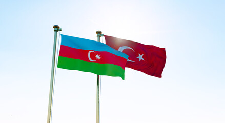 Azerbaijan and Turkey flags waving together on blue sky. 4K ULTRA HD. 