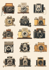 Vintage poster with seamless pattern with different retro photo cameras on a white background