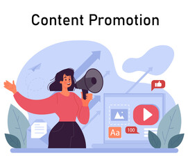 Content creation. Social media marketing and digital promotion campaign. Content marketing, data visualization and optimization. Creative process. Flat vector illustration