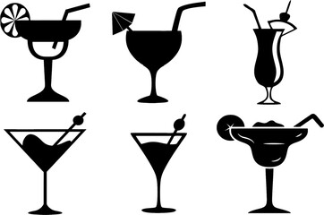 Drinks & beverages icons set. Drinking glass with lemon and straw. Drinking bar flyer, poster or banner idea. Editable vector, easy to change color or size. eps 10.