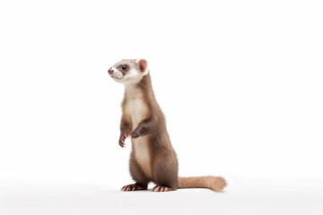 ferret on white background,Curious Explorer: A Ferret on Two Feet