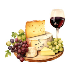 Cheese and grapes platter and red wine png isolated on a transparent background, watercolor clipart illustration
