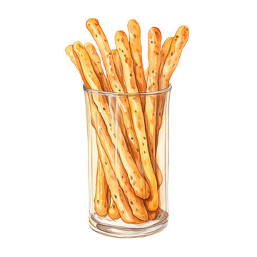 recommend clip art: Breadsticks in a glass, twist fresh bakery png isolated on a transparent background, watercolor clipart illustration
                    