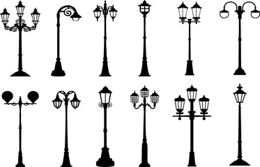 Set of Street Lamps. Vintage Street Light Post. Editable Vector Illustration Isolated on White Background. Manufacturing, marketing, packing and printing idea. eps 10. - obrazy, fototapety, plakaty